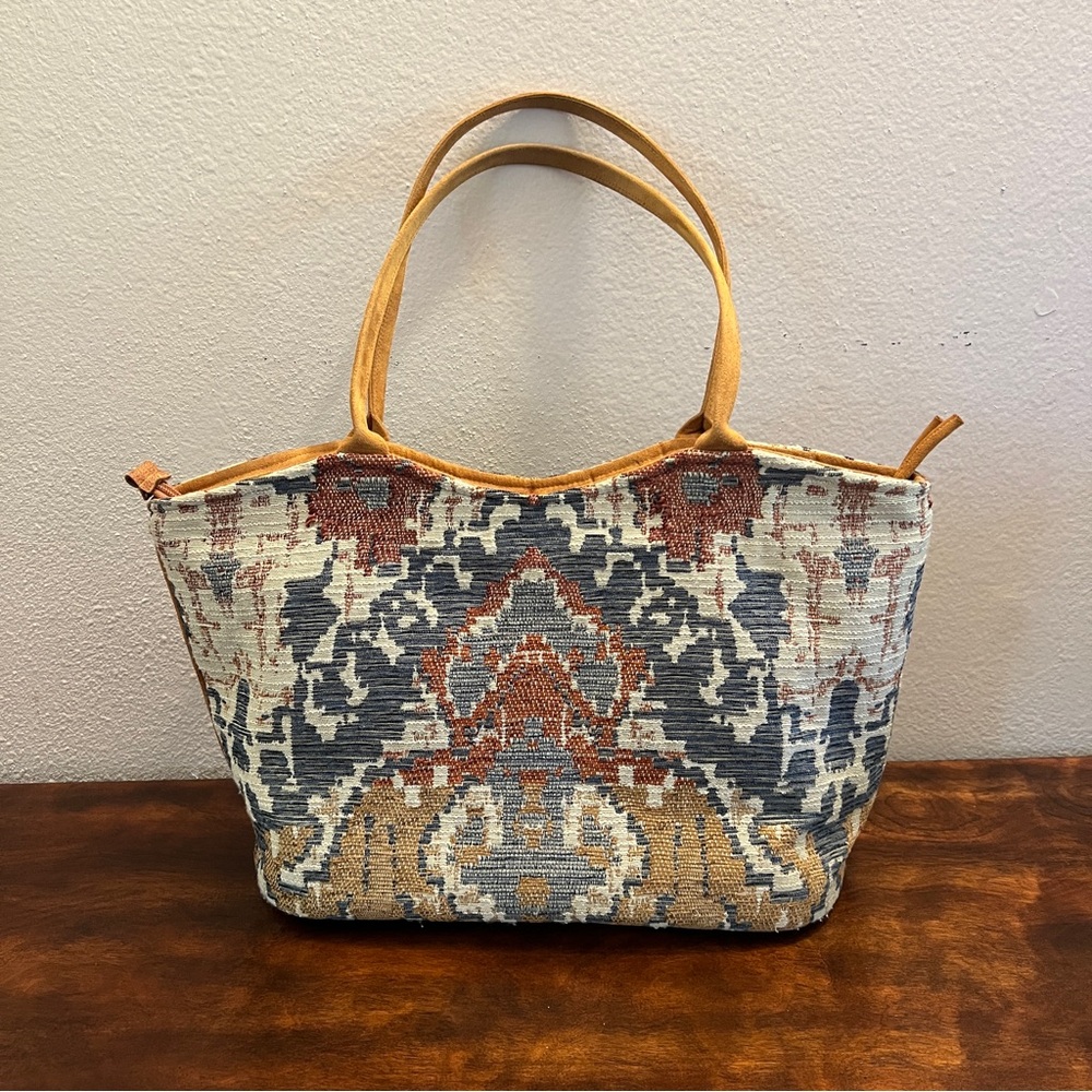 Atenti Tapestry Tote Bag with suede trim bag brown shade